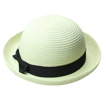 

FRCOLOR Fashion Women s Girls Bowknot Roll-up Wide Brim Dome Straw Summer Sun Hat Bowler Beach (Creamy White)