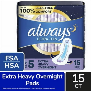 2X - Always Ultra Thin Pads with Wings Extra Heavy Overnight Absorbency Size 5 Unscented