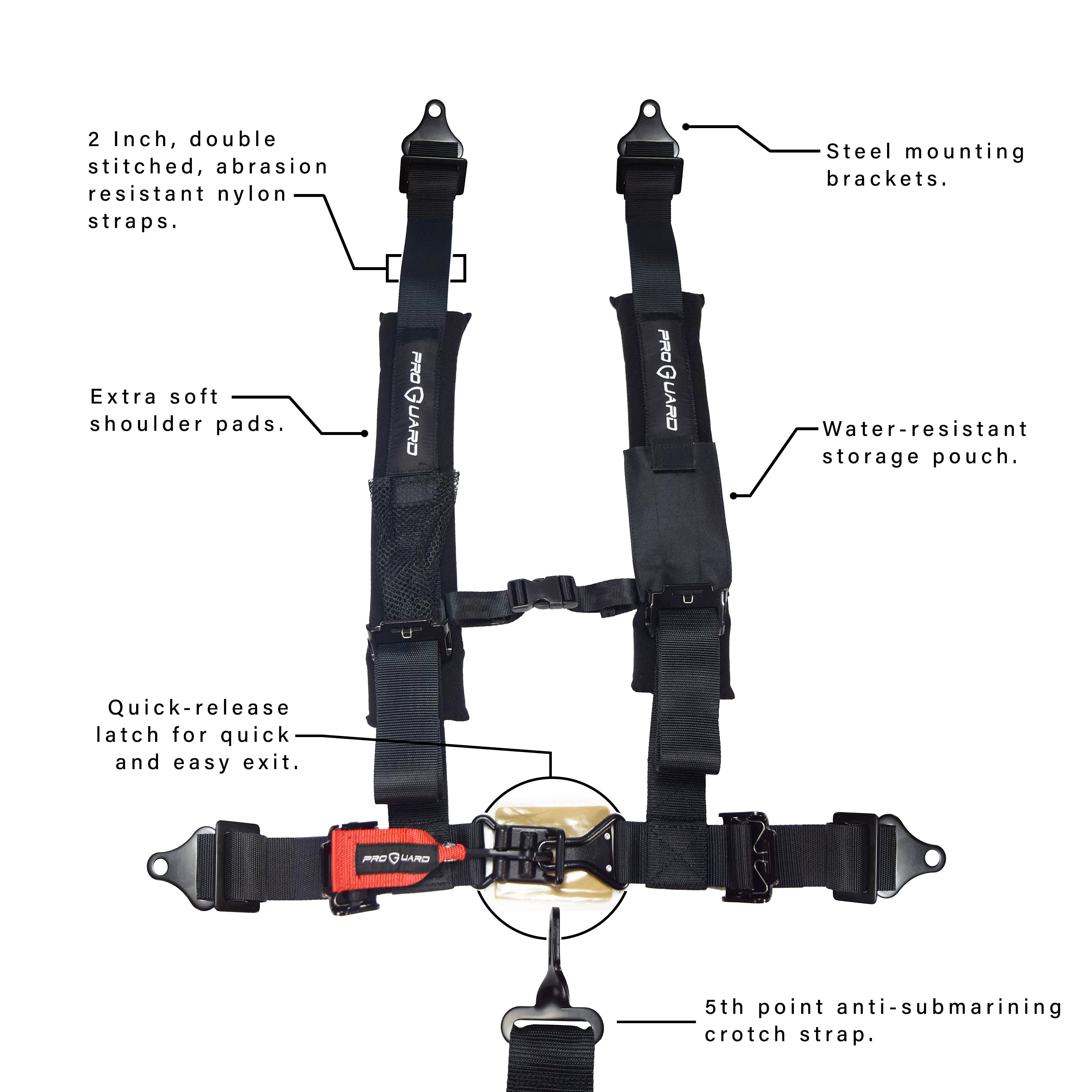 ProGuard Offroad Harness Black with 2" Nylon Straps and 5 Points of Contact - Universal Safety Belt for Polaris, Can-Am, Kawasaki, Yamaha UTVs, ATVs, Side-by-Sides (Single Harness)