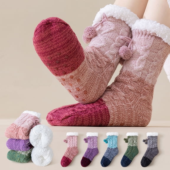 Fabrcox Unisex Fuzzy House Slipper Socks, Soft Plush Color Block, Non Skid Grips Fluffy Winter Indoor Crew Socks for Sleeping at Home (Gray)