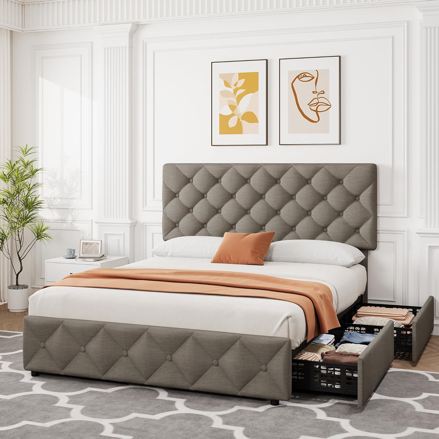 GARVEE Queen Size Bed Frame, with 4 Storage Drawers & Adjustable Headboard, Light Gray