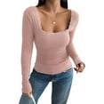 thumbnail image 3 of Womens Long Sleeve Shirts Square Neck Ribbed Knit Crop Tops Fall Outfits Fashion Clothes Lotus Root Pink L, 3 of 9
