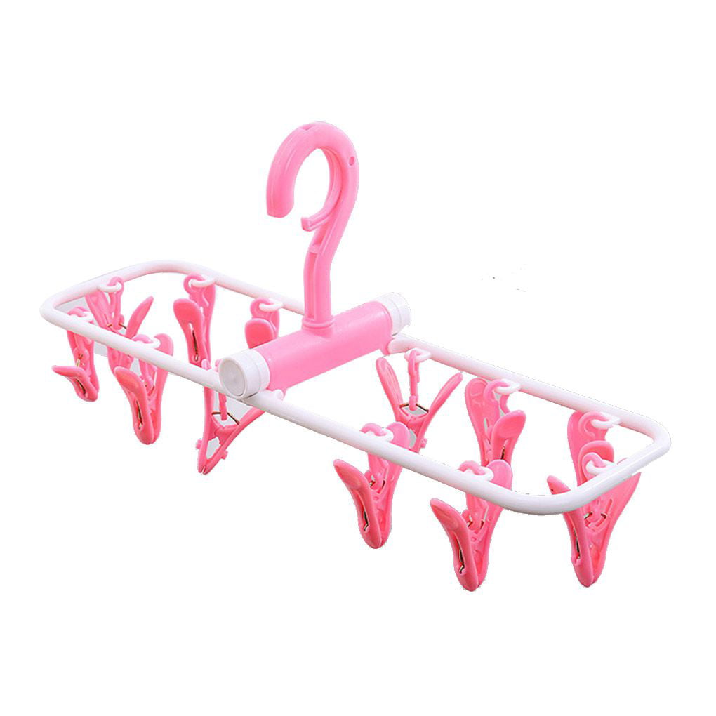 Drip Drying Hanger Rack with 12 Clips for Clothes Socks Underwear Creatiees 2 Pack Folding Portable Travel Clip Windproof & Space Saving Candy Blue + Candy Pink 