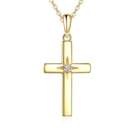 MYSTICPOEM 14K Solid Gold Cross Necklace for Women Delicate Gold Diamond Heart Cross Pendant Necklace Religious Jewelry for Wife Mom Friends (14K Yellow Gold)