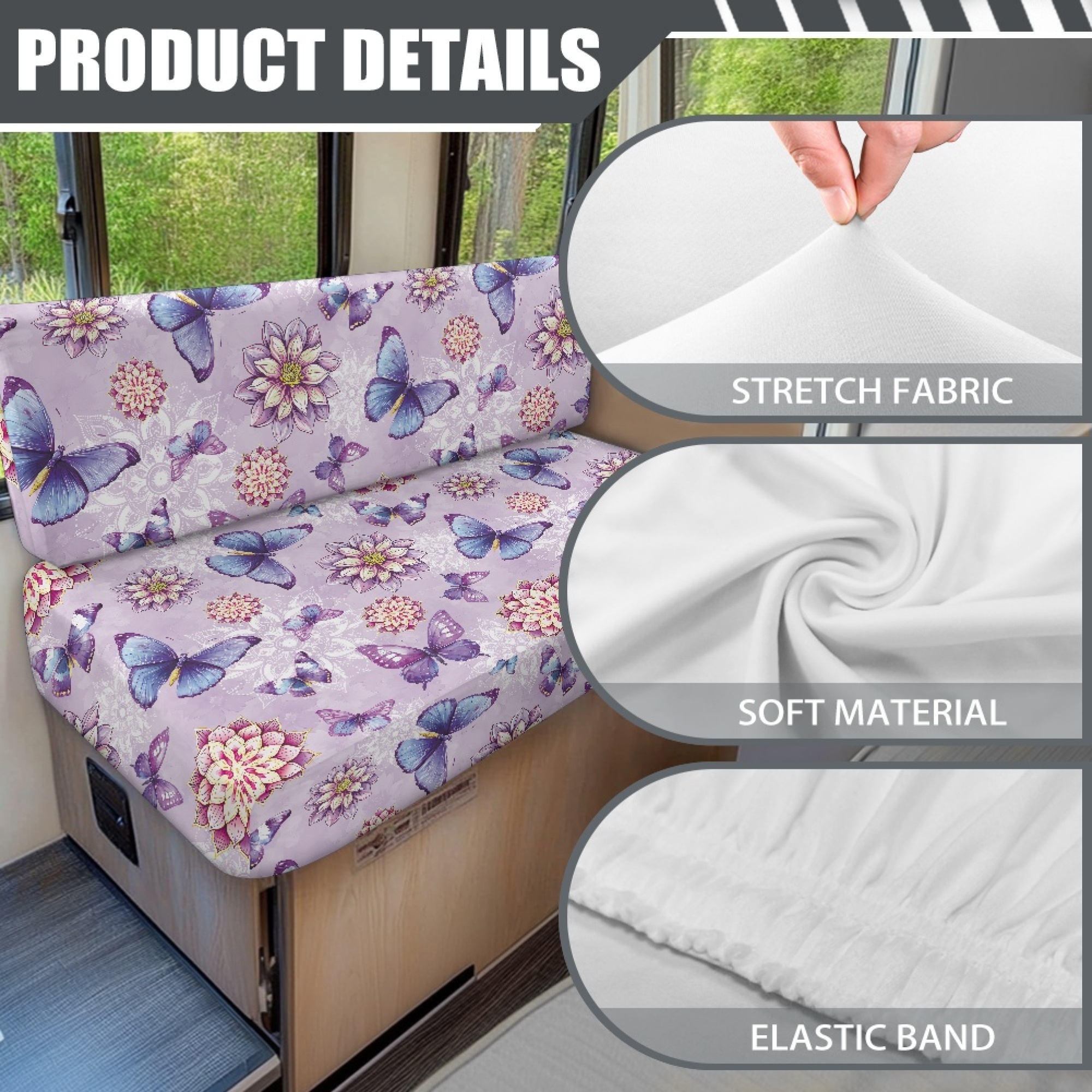 FOR U DESIGNS Boho Mandala Butterfly Purple Pattern 2 Pcs RV Dinette Cushion Covers Anti-Slip Camper Cushion Slipcover Stretch 2 Seat Sofa Chair Cover 1 Backrest Covers and 1 Bench Covers