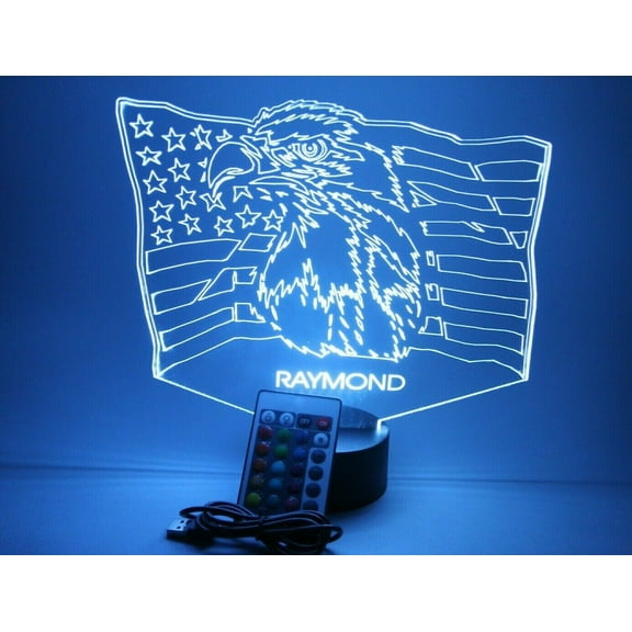Bald American Eagle Bird Flag Animal Person Pet Lover Creature Farm Name Night Light Up Desk Table Lamp LED Personalized Custom Made, Our Newest Feature - It's WOW, With Remote 16 Colors, Great Gift