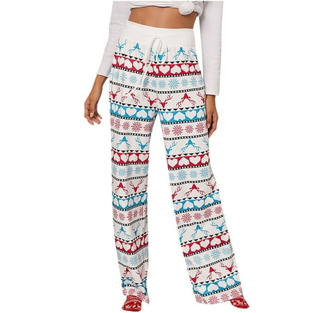 

Pajama Pants for Women Christmas Elk Snowflake Print Elastic Waist Drawstring Wide Leg Pants Casual Lounge Trousers Ladies Clothes