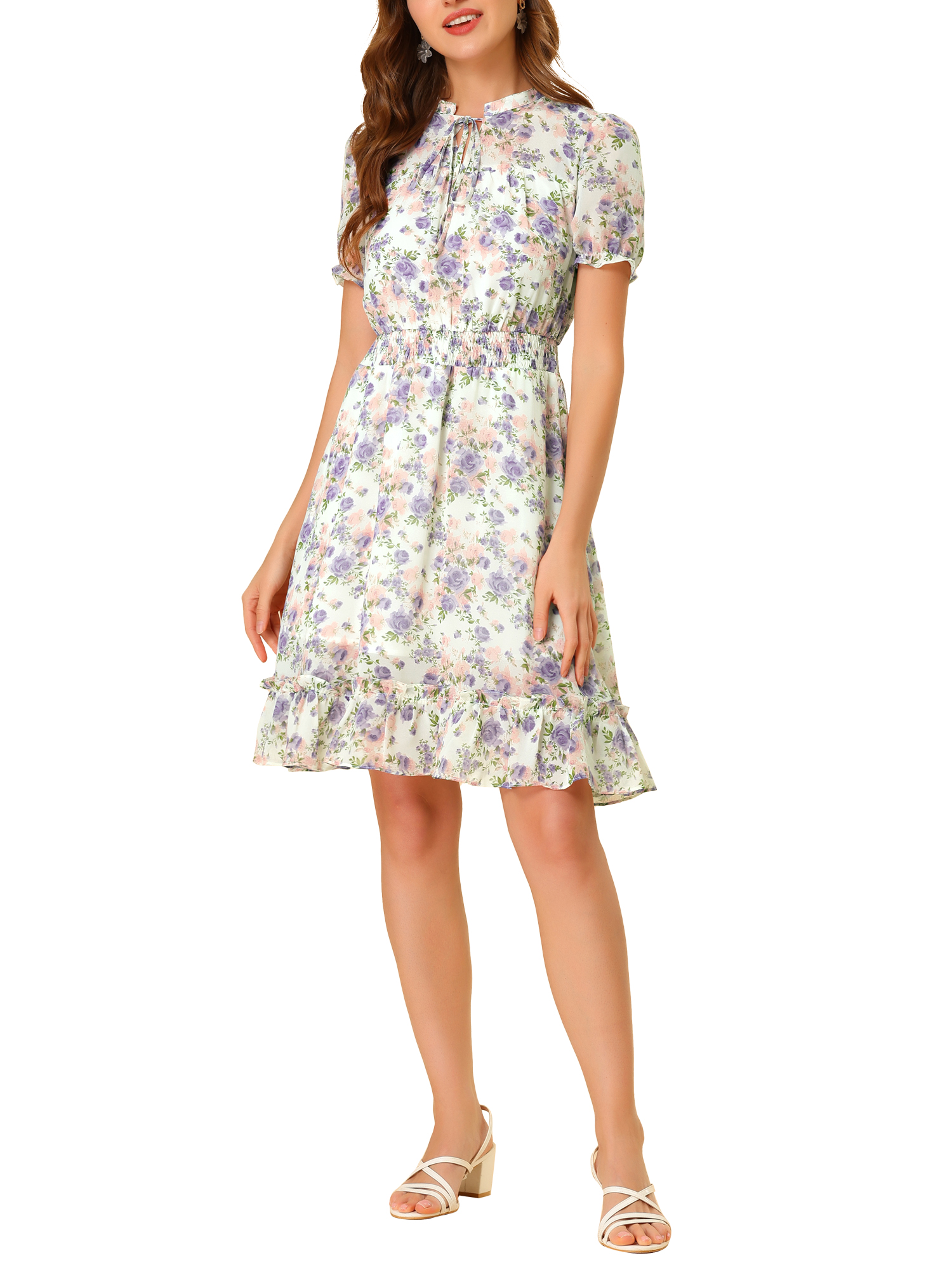 Unique Bargains Juniors Floral Ruffle Hem Short Sleeve A-Line Smocked Chiffon Dress