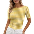 thumbnail image 2 of Womens Tops Boat Neck Short Sleeve T-Shirts Plaid Printed Side Pleated Summer Tees Gifts for Mother, 2 of 7