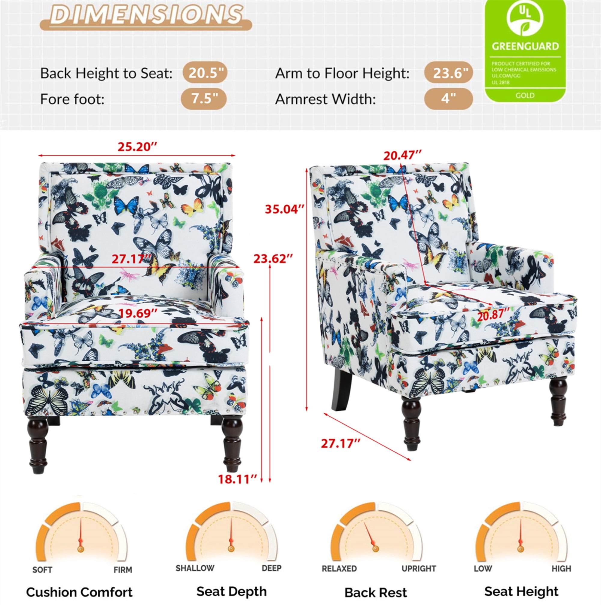 Aukfa Accent Chair Mid-Century Modern High Back Armchair Lounge for Living Room, Rivet Trim, Butterfly Pattern