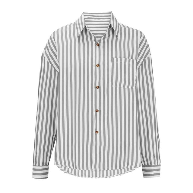 Lenpel Button down Shirts for Women Striped Long Sleeve Business Casual Oversized Collared Blouses Loose Work Tops(Gray,Large)