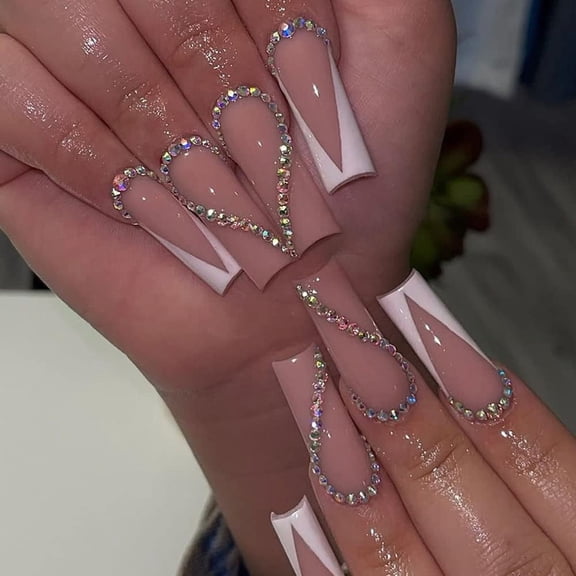 Press on Nails Long Square Shape, White Acrylic Glossy Glue on Nails, French False Nail Tips with Butterfly Charms & White Flowers Design, 24Pcs for Women & Girls