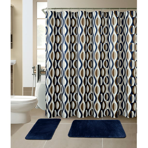 15 Piece Bathroom Mat Set Memory Foam, Bathroom Shower Curtains And Rugs