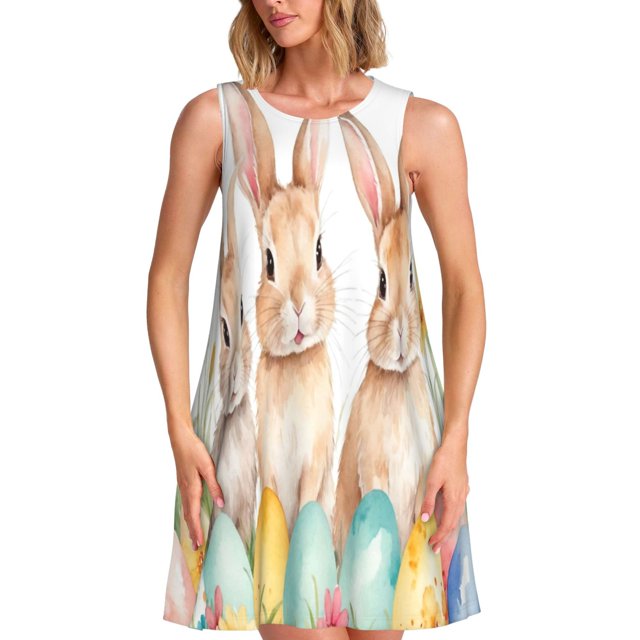 Easygdp Happy Easter para Vestido Transpirable de Mujer, Vestido Suelto de Manga Corta con Pliegues y Bolsillos para el Verano