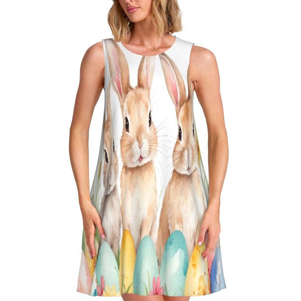 Easygdp Happy Easter para Vestido Transpirable de Mujer, Vestido Suelto de Manga Corta con Pliegues y Bolsillos para el Verano
