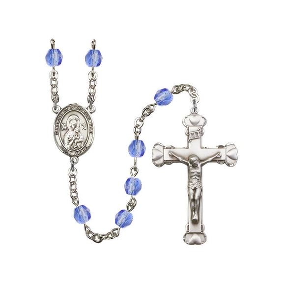 Our Lady of Perpetual Help Silver-Plated Rosary 6mm September Blue Fire Polished Beads Crucifix Size 1 5/8 x 1 medal charm