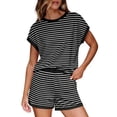 thumbnail image 3 of VBVC Women's Striped Crew Neck 2 Piece Set,Dolman Top and Elastic Waist Shorts For Women, Ladies' Soft Summer Loungewear With Pockets,Black,S-2XL, 3 of 10