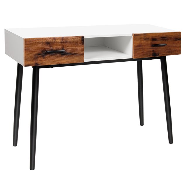Patiojoy 42" Industrial Console Table with 2 Drawers & Middle Open Shelf Narrow Accent Side Table for Entryway. This table features a white MDF tabletop with two brown woodgrain-finished drawers and a central open shelf, supported by black powder-coated metal legs. The table is designed for storage and display, with a weight capacity of 88 lbs on the tabletop and 18 lbs for each drawer and shelf. Suitable for living rooms, bedrooms, or entryways, it includes convenient handles, smooth metal slides for the drawers, and a waterproof surface for easy cleaning.