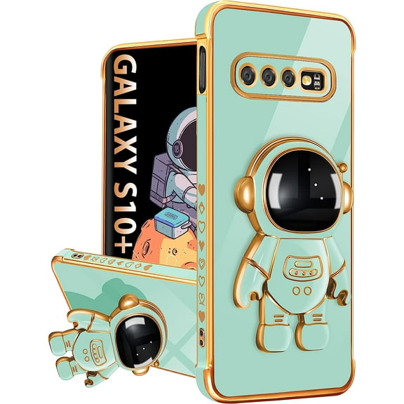 For Samsung Galaxy S10 Plus Case with Astronaut Stand, Women Girls Galaxy S10 Plus Cases, Girly Cute 6D Outer Space Heart Pattern Phone Cover for Samsung S10  6.4 Inch Light Blue