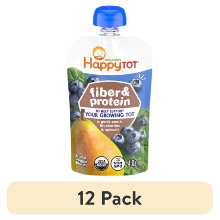 (12 pack) Happy Tot Organics Fiber & Protein, Stage 4, Pears Blueberries & Spinach Organic Tot Food, 4 oz.