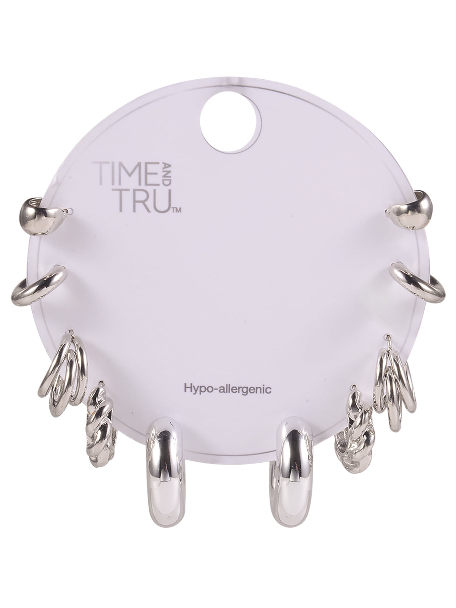 Time and Tru Adult Female Silver-Tone 5 Pair Twisted Triple Hoop Stacker Earring Set