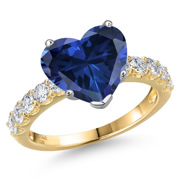 Gem Stone King 14K Two Tone Gold Blue Created Sapphire and Lab Grown Diamond Engagement Ring for Women | 4.75 Cttw | Heart Shape 10MM | Gemstone September Birthstone | Size 9