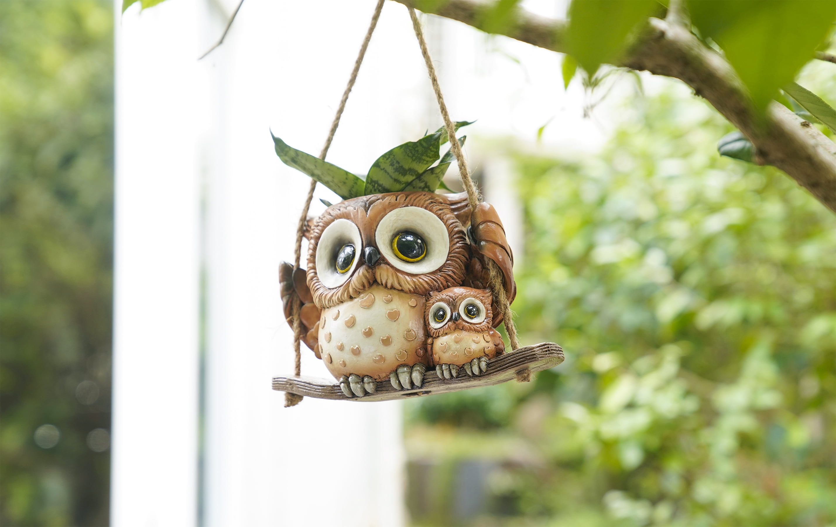 Quoowiit Small Swing Owl Planter Pot,Hanging Planters for Indoor Outdoor Plants with Drainage Holes