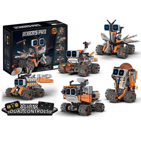 5-in-1 Interlocking Block Building Set, RC Robot Construction Toy, STEM Educational Building Blocks with Dual Controls for Kids