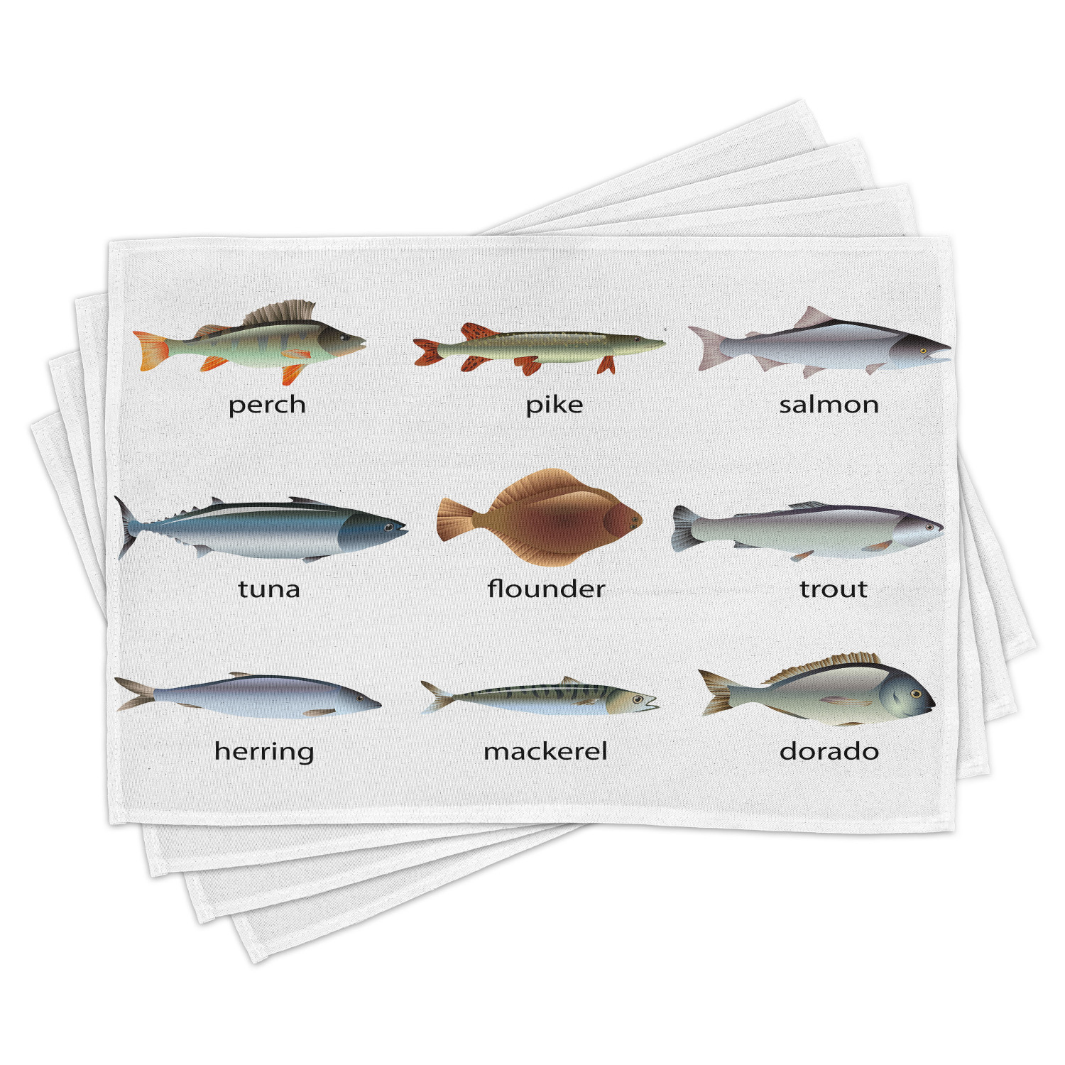 Fish Placemats Set of 4 Group of Fish with Perch Tuna Pike Flounder