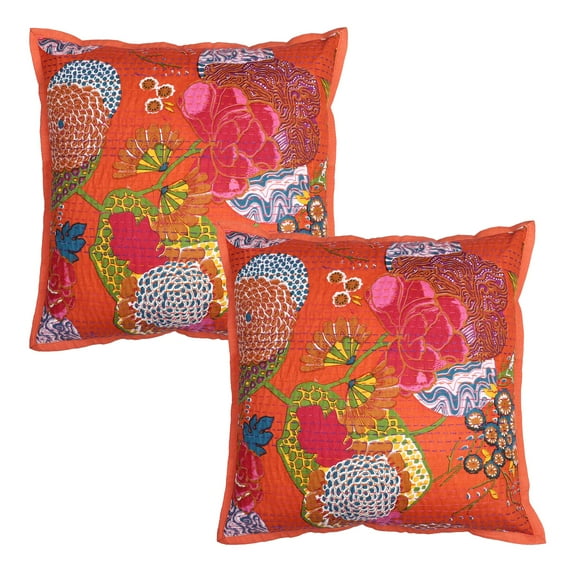 Stylo Culture Indian Sofa Throw Pillow Covers 18 x 18 Kantha Printed Orange Hand Stitched 45 x 45 cm Home Decor Cotton Tropicana Square Cushion Covers | Set Of 2