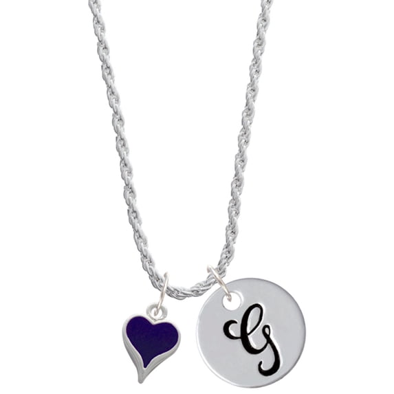 Delight Jewelry Silvertone Small Long Purple Heart Silvertone Script Initial Disc - G - Charm Necklace, 20"+3"