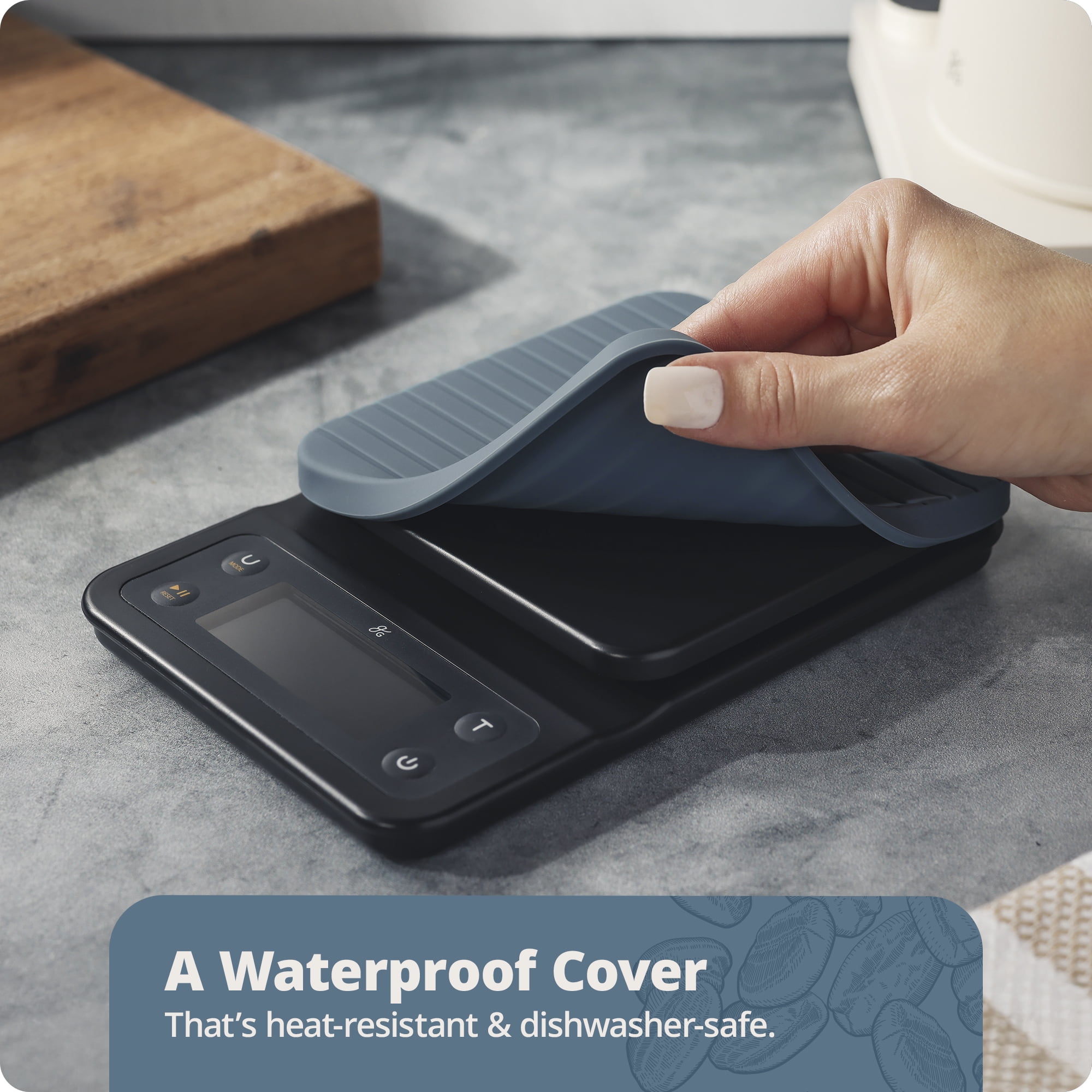 Greater Goods Coffee Scale with Timer, 0.1g Precision, 3kg Capacity, 6-Unit Digital Espresso & Pour-Over Scale, Silicone Waterproof Cover, Auto Shut-Off (Stone Blue)