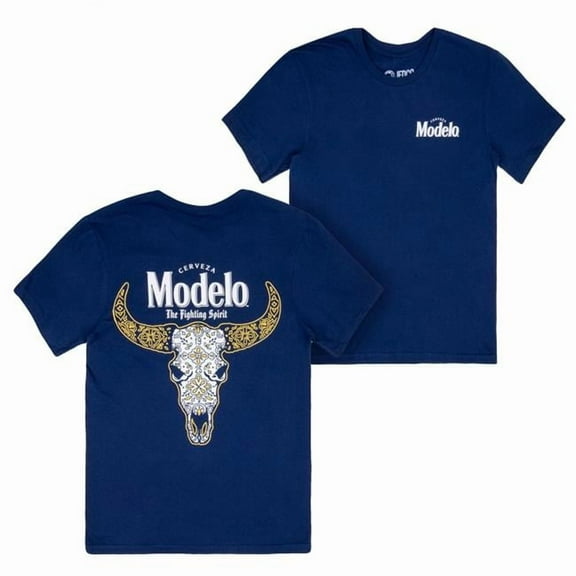 Modelo Especial 898248-large Fighting Spirit Cow Skull Front & Back Print T-Shirt - Blue - Large