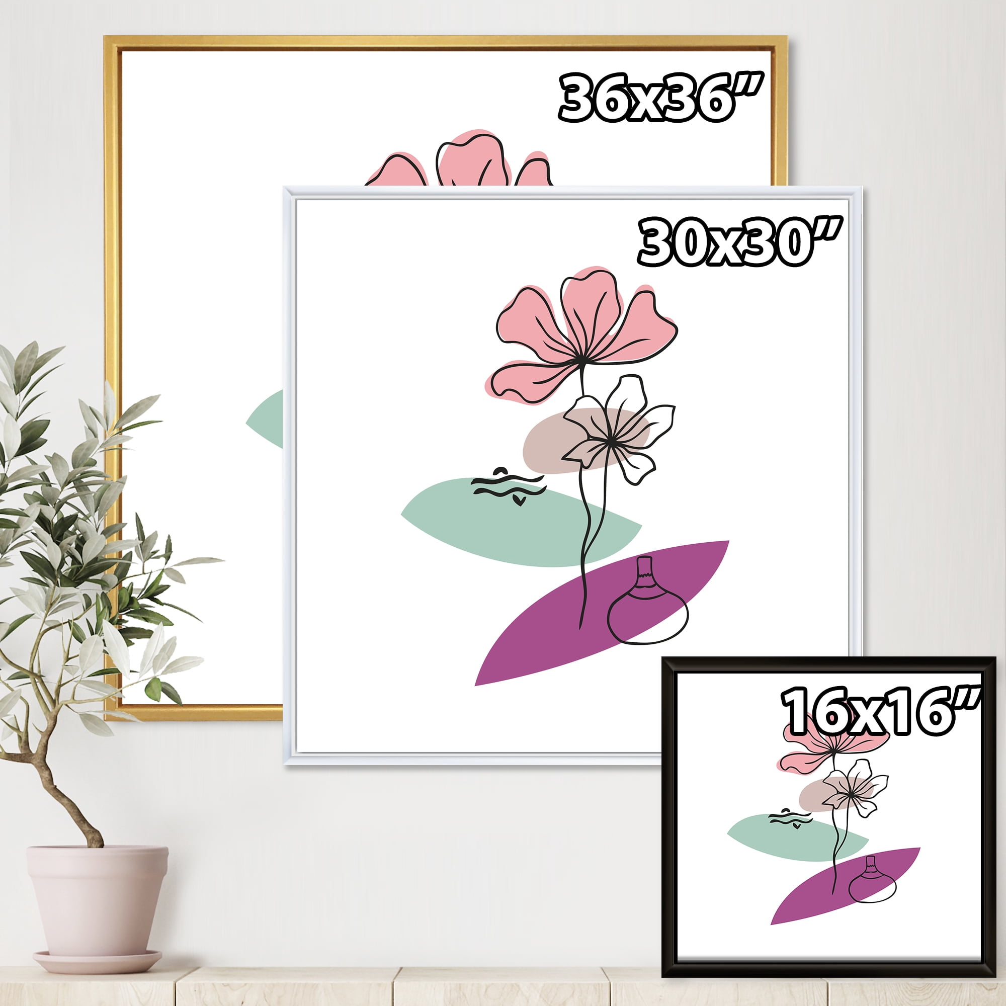 Designart 'Abstract Flowers Plants With Elementary Shapes IV' Modern Framed Canvas Wall Art Print