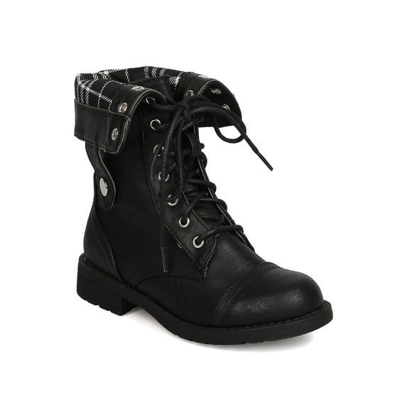 New Girl Little Wild Diva Beatrix-13 Leatherette Plaid Fold Down Combat Boot