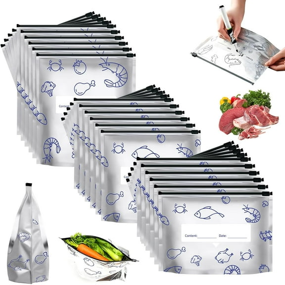 30Pcs Reusable Aluminum Foil Storage Bags, Thicken Stand Up Resealable Vacuum Zipper Pouches for Food with Built-in Label, Airtight Leakproof Kitchen & Travel Organizer