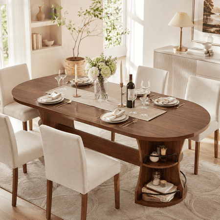 70.87 Inch Oval Dining Table for 4-6 Walnut Long Dinner Table with Storage Legs and Curved Base Modern Kitchen Breakfast Tables for Living Room