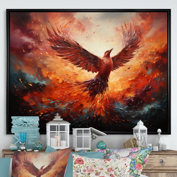 Designart "Phoenix The Resurgence I" Animals Framed Wall Art - Modern Farmhouse Orange Bird Entryway Framed Wall Art Print
