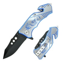 Dispatch 3.5" Folding Pocket Knife with Clip, Blue Dragon Knife with Glass Punch & Rope cutter, Aluminum Handle