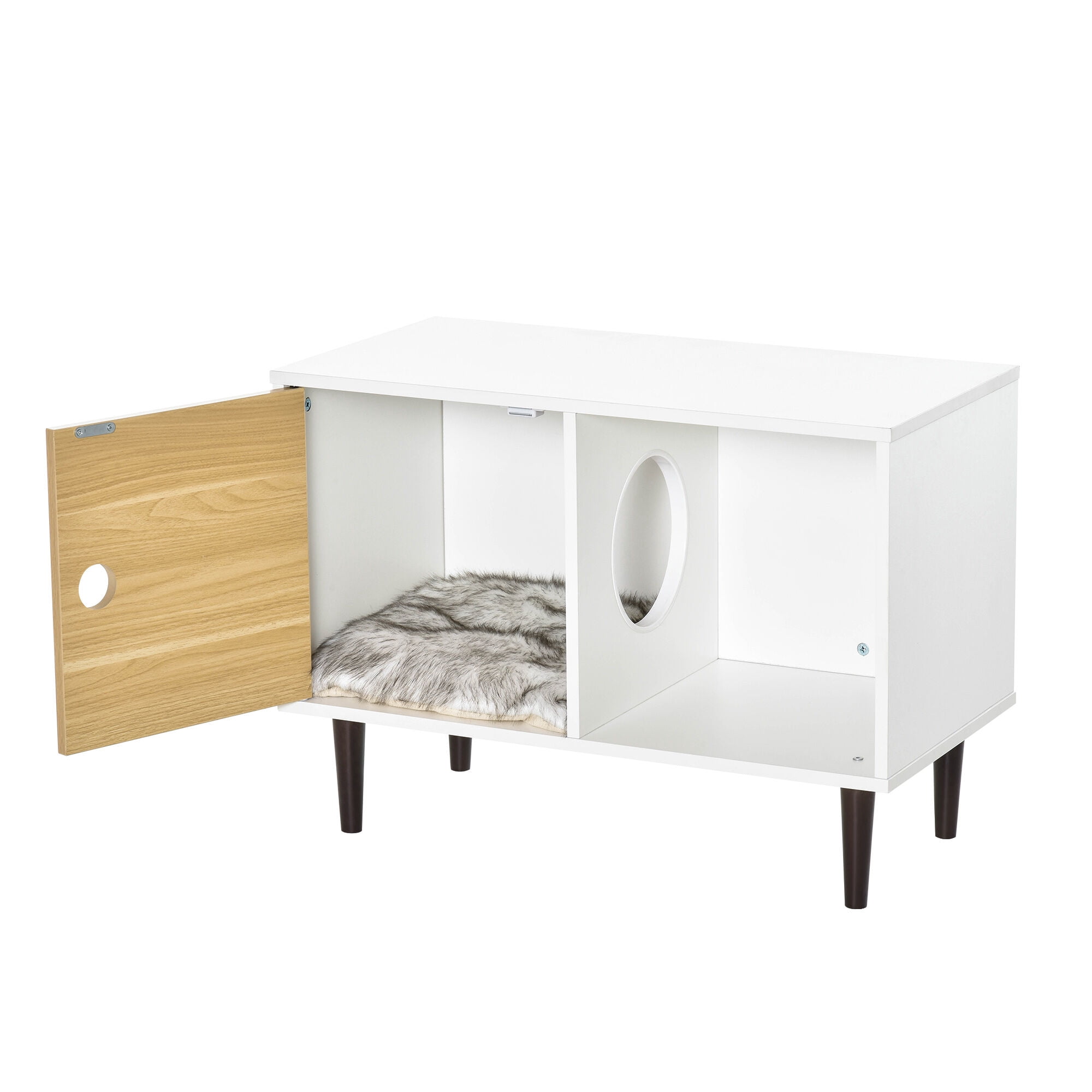 Orthopedic Dog Bed, PawHut Wooden Cat House with Soft Cushion, Decorative Kitten Condo Side Table, Elevated Pet House with Storage Space, White Dog Bed,Wood Cat Bed