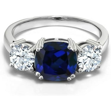 925 Sterling Silver Blue Simulated Sapphire and White Zirconia 3-Stone Engagement Ring for Women - 4.00 Cttw, Cushion 8MM September Birthstone, Sizes 5-9