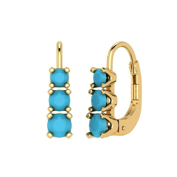 1.06 ct Lever-Back Drop Dangle Earrings for Women | 4mm Round Cut Simulated Turquoise | 18K Yellow Gold