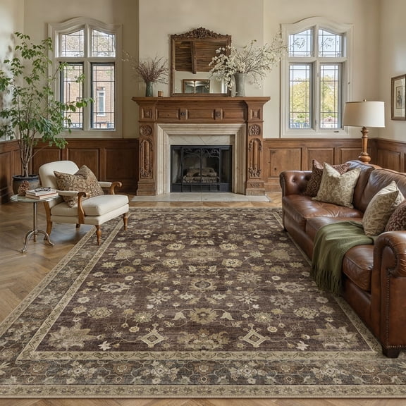 BERTHMEER 8'x10' Area Rugs for Living Room Large Vintage Brown Carpets for Bedroom Office Machine Washable Farmhouse Dining Room Oriental Rugs Non Slip Traditional Distressed Rugs