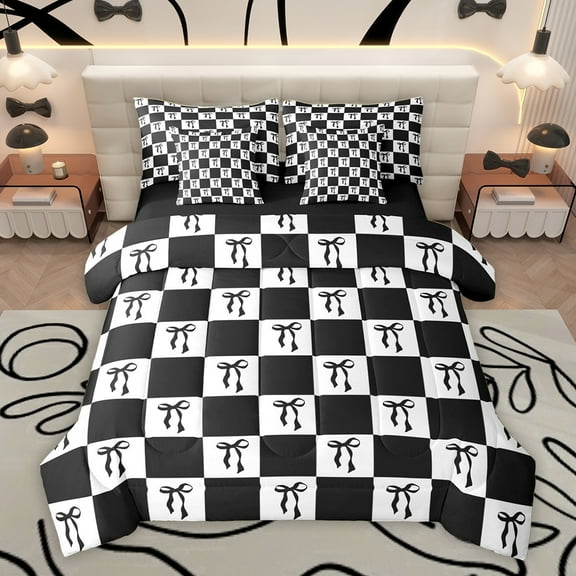 Homewish Cartoon Bowknot Child Twin Bedding Sets 7-Piece, Black White Checkered Bedding Comforter Set, Chic Buffalo Plaid Reversible Sheet Sets, Lightweight Room Decor