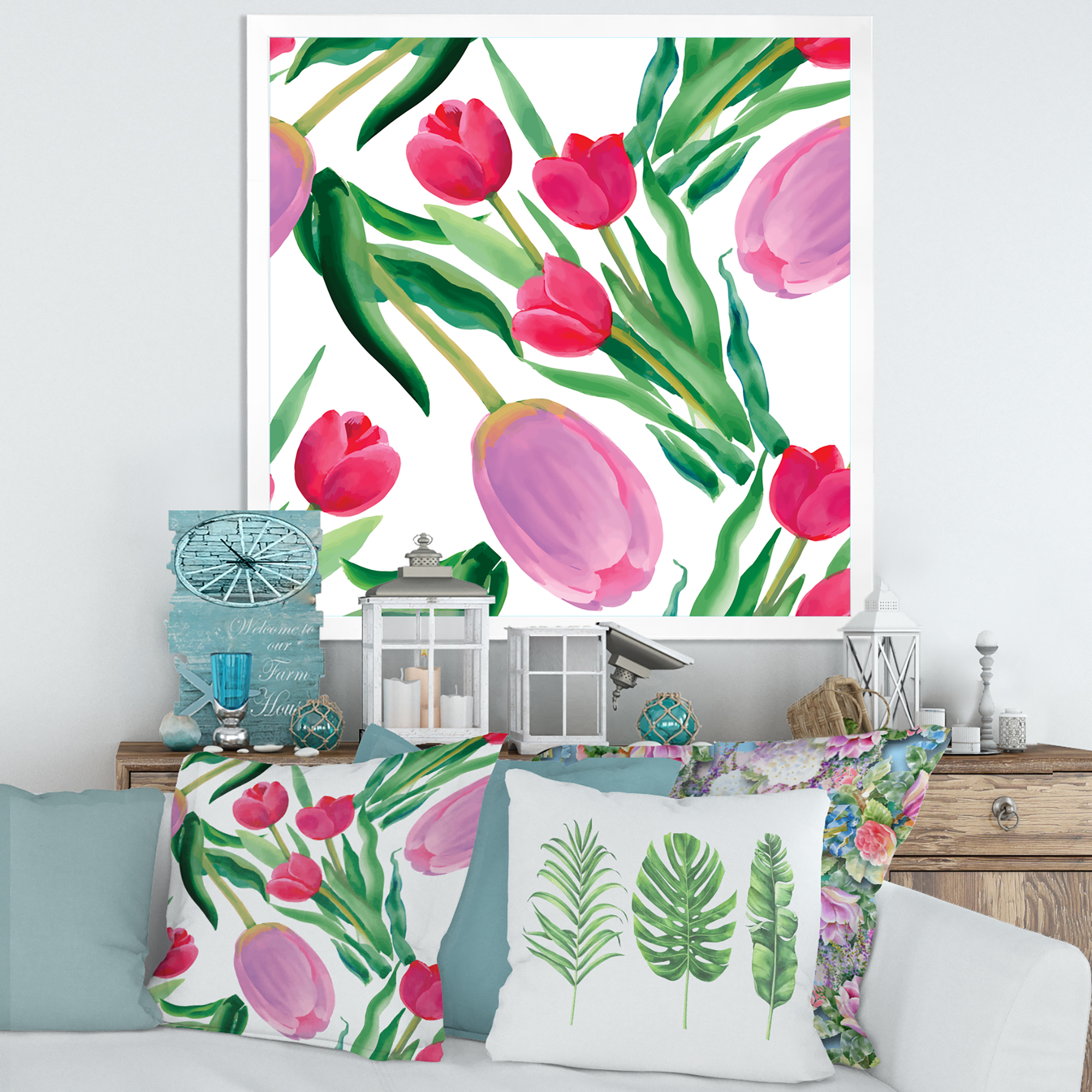 Designart 'Blooming Beautiful Pink Tulips Flowers On White' Traditional Framed Art Print