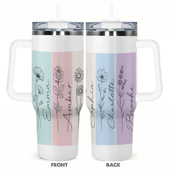 40oz Floral Birth Month Tumbler Gift Insulated Travel Cup Pastel Wildflower Car Cup with Handle Stainless Steel Coffee Tumbler Birthday Gift for Women