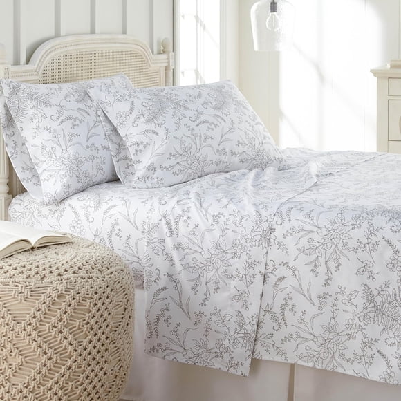 Southshore Fine Living, Inc. Brosse d'Hiver, Ensemble de Draps 4 Pcs, 15 Pouces California Très Grand Size Poches Profondes, Entretien Facile Draps Cal Très Grand Floral, Microfibre Résistant aux Poils d'Animaux, Draps Blancs, Fleurs Grises