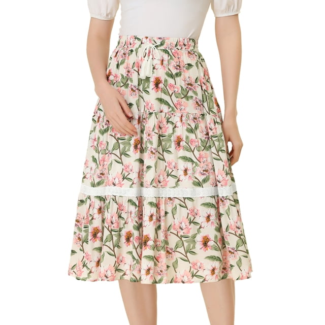 Falda Midi Allegra K De Verano Con Cintura Elástica Y Cordón Con Inserción De Encaje Floral Bohemio Blanco S
