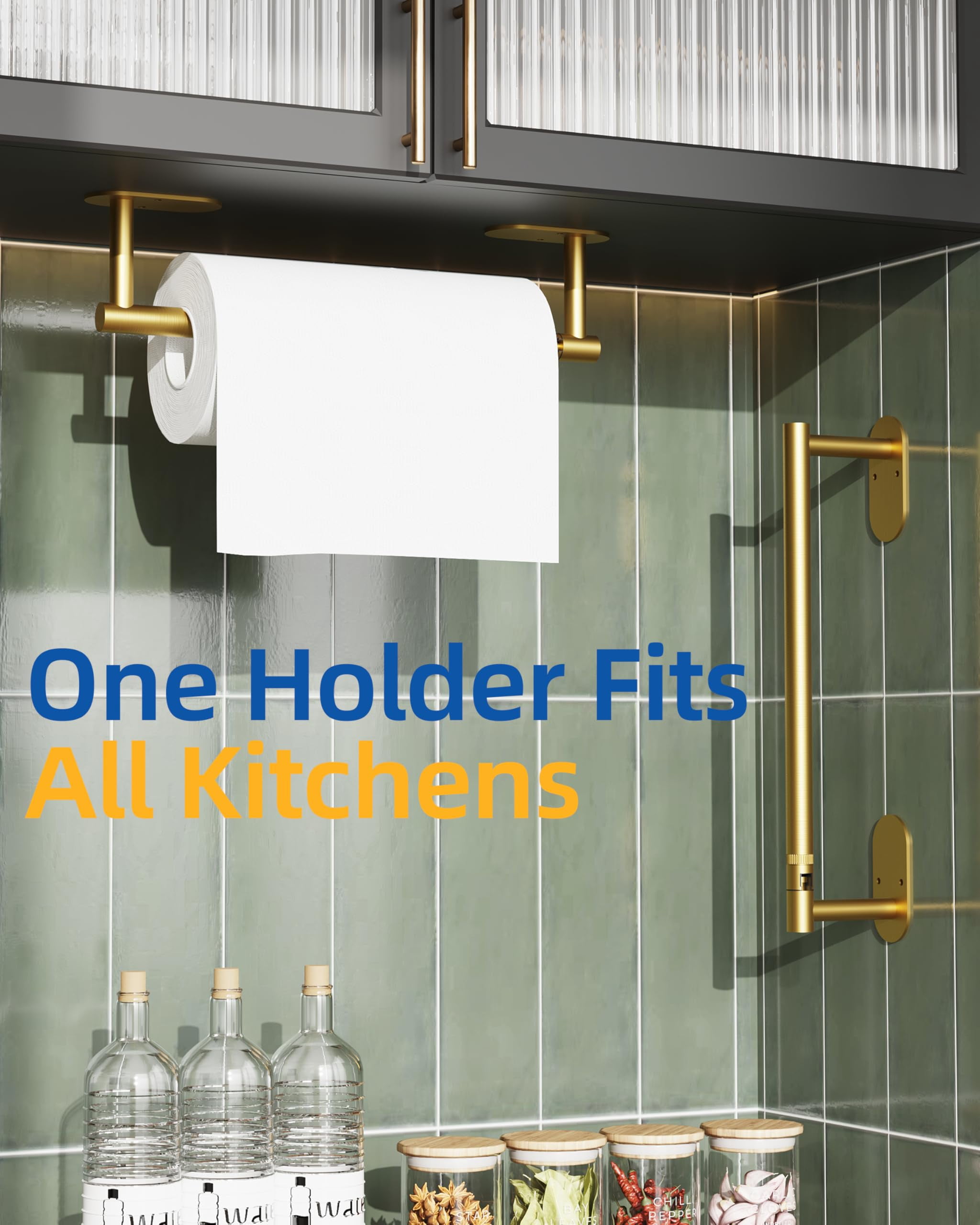RUACQ Paper Towel Holder Under Cabinet, Self-Adhesive or Wall Mounted SUS304 Stainless Steel for Kitchen Bathroom, Brushed Gold
