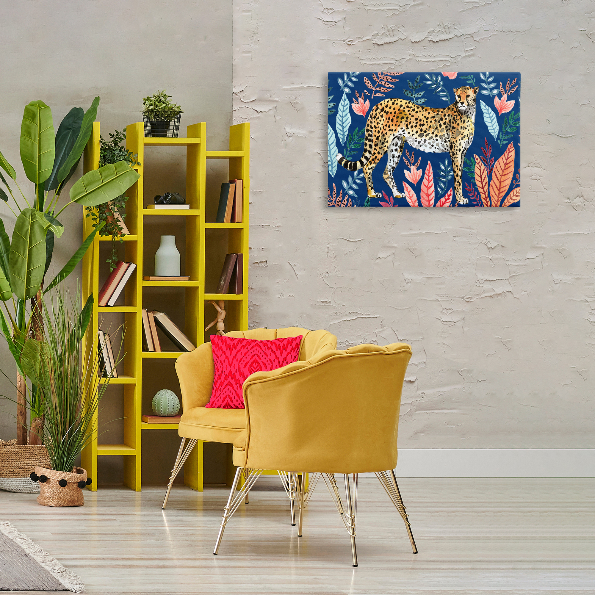 Stupell Industries Jungle Plants & Cheetah Animals Painting Wrapped Canvas Art Print Wall Art, 30 x 20